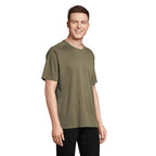 Army green branded raglan sports t-shirt, side view