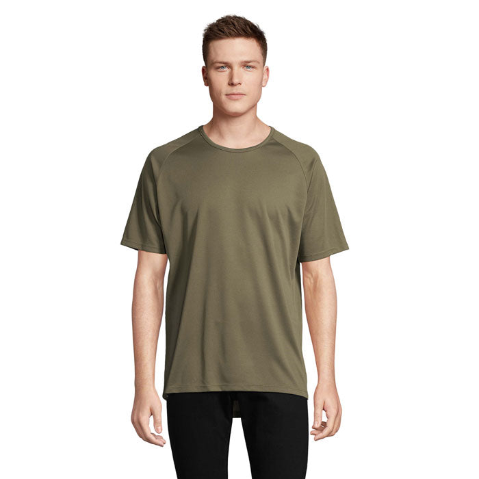 Army green branded raglan sports t-shirt, front view