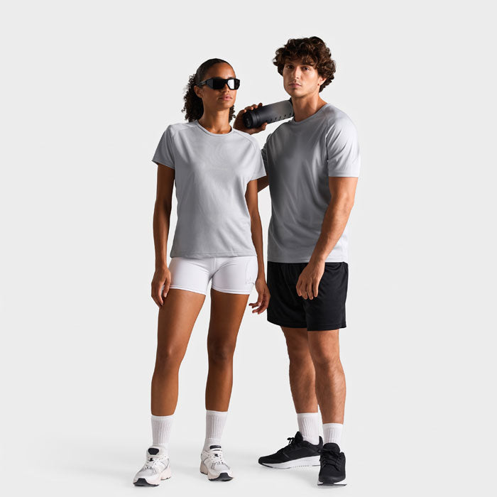 Model wearing a branded raglan sports t-shirt