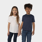 Model wearing a branded kids t-shirt