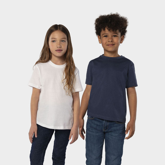 Model wearing a branded kids t-shirt