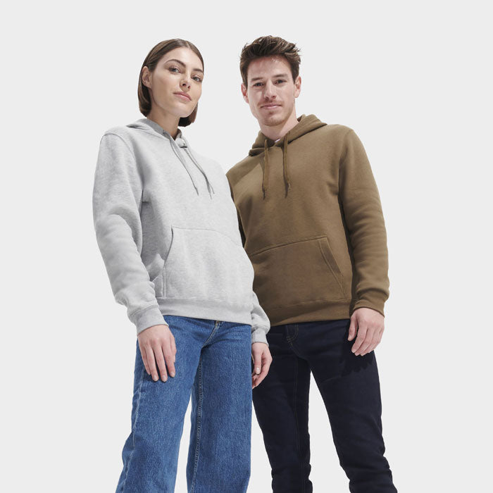 Model wearing a branded heavyweight pullover hoodie