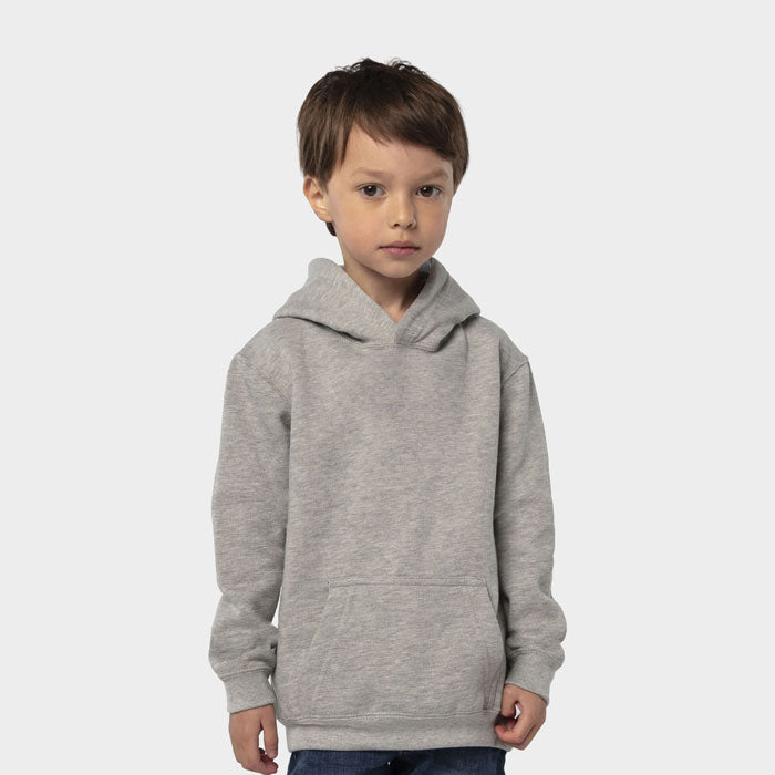 Model wearing a branded kids double pocket pullover hoodie