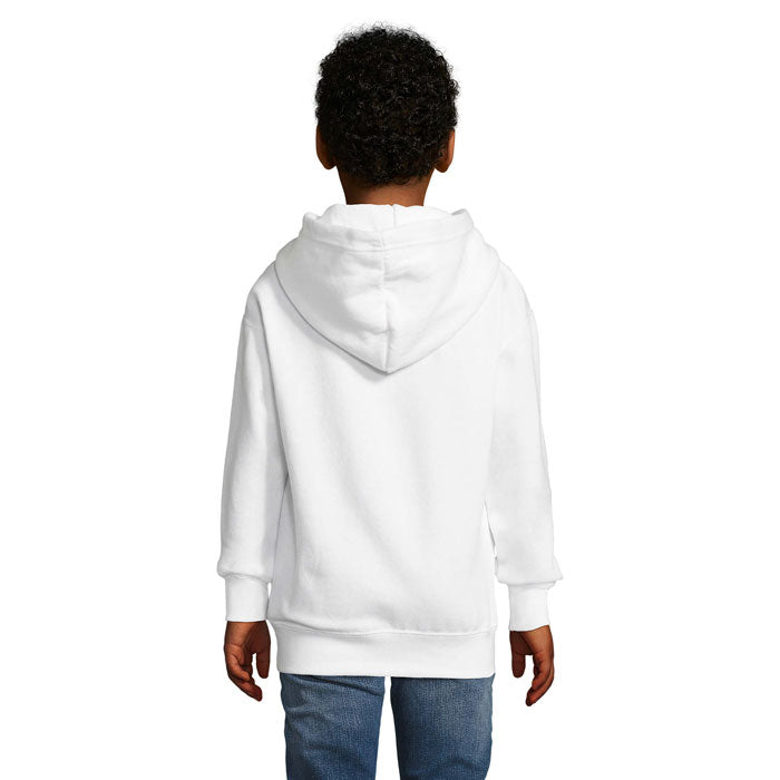 Branded kids double pocket pullover hoodie, back view
