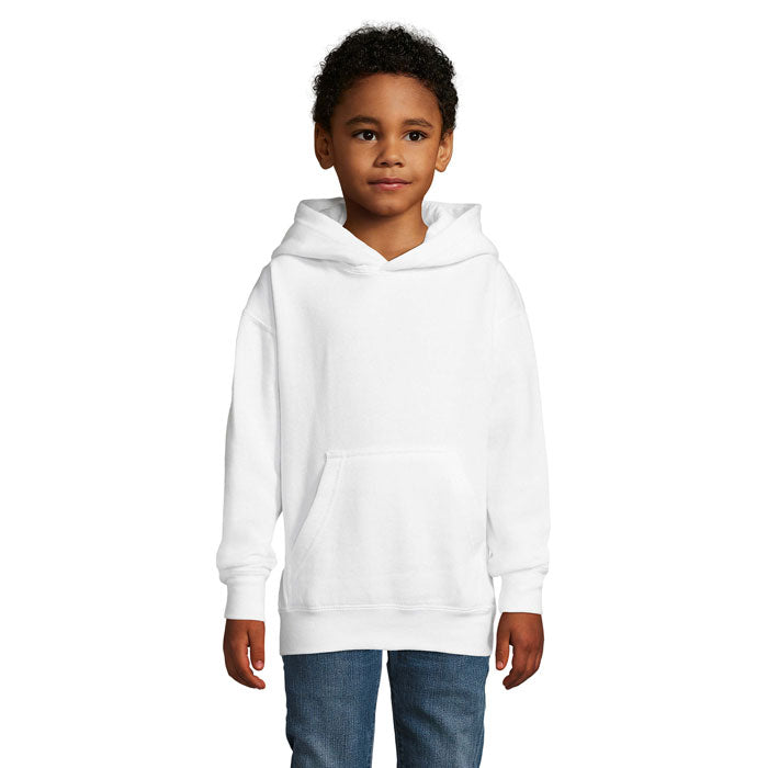 Branded kids double pocket pullover hoodie, front view