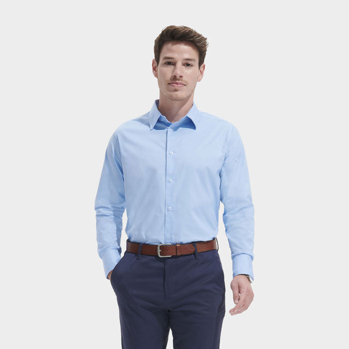 Model wearing a branded men's stretch shirt