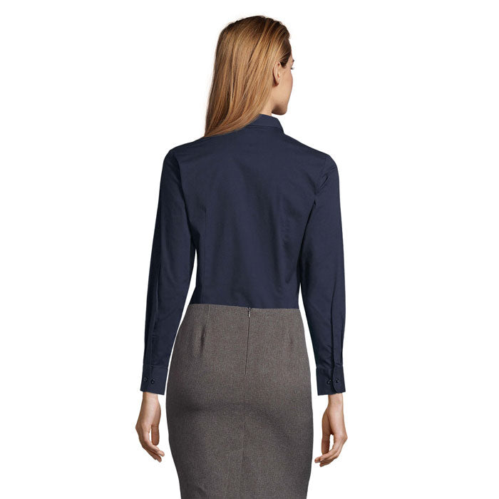 Branded women's stretch shirt, back view