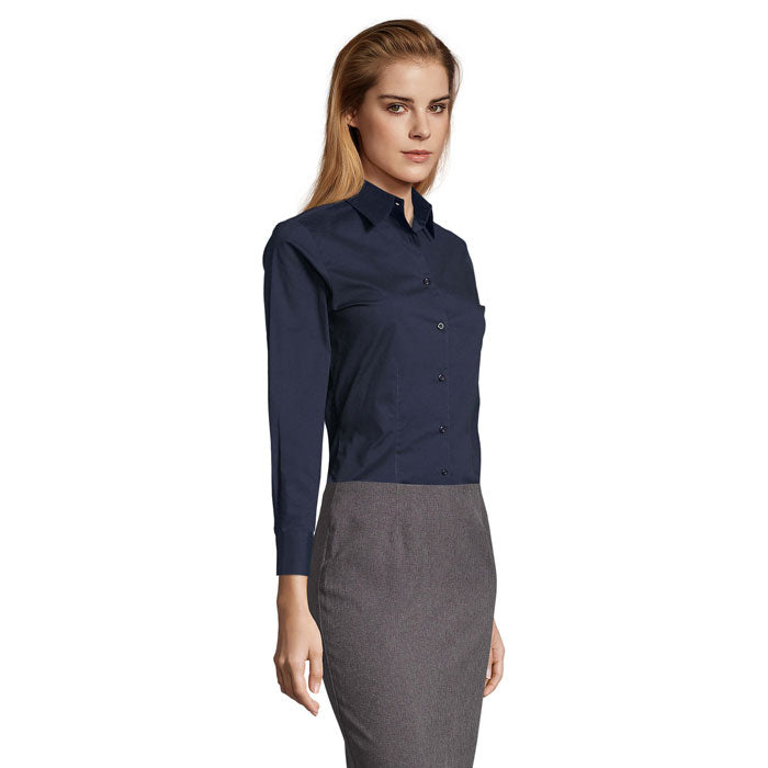 Branded women's stretch shirt, side view