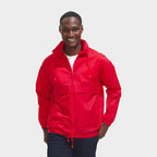 Model wearing a branded ventilated packable windbreaker