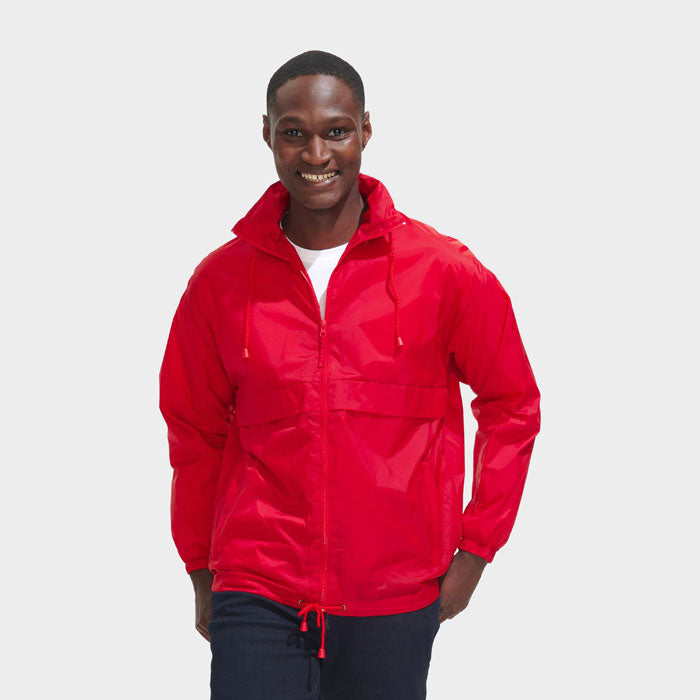 Model wearing a branded ventilated packable windbreaker