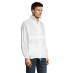 Branded ventilated packable windbreaker, side view