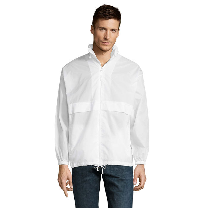 Branded ventilated packable windbreaker, front view