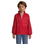Branded kids packable windbreaker, front view