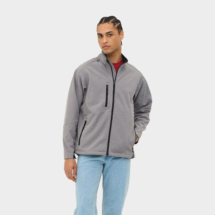 Model wearing a branded men's waterproof zip-through jacket