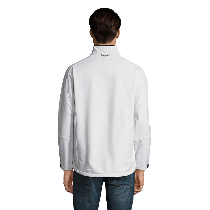 Branded men's waterproof zip-through jacket, back view