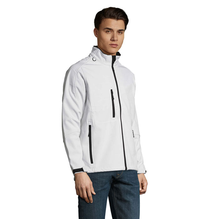 Branded men's waterproof zip-through jacket, side view
