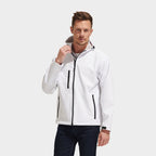 Model wearing a branded men's waterproof softshell jacket