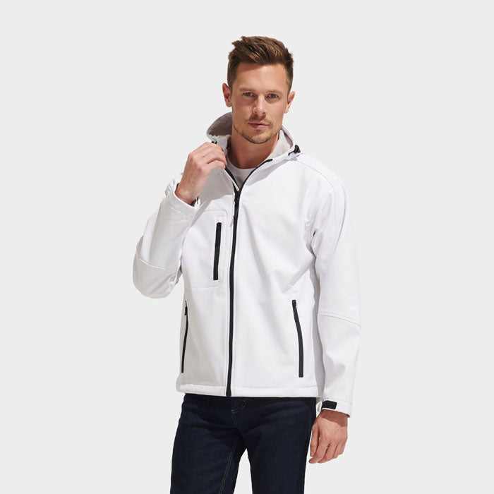 Model wearing a branded men's waterproof softshell jacket