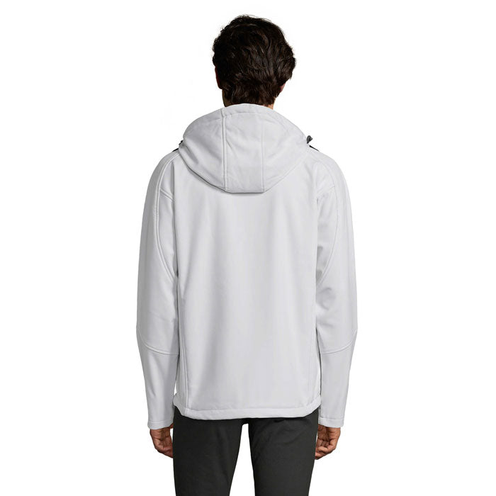 Branded men's waterproof softshell jacket, back view