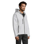 Branded men's waterproof softshell jacket, side view