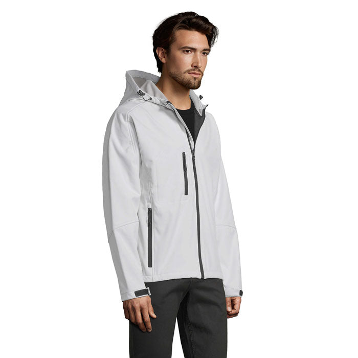 Branded men's waterproof softshell jacket, side view