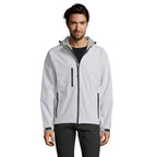Branded men's waterproof softshell jacket, front view
