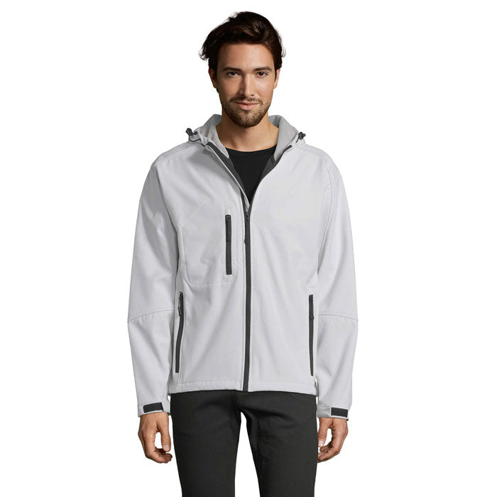 Branded men's waterproof softshell jacket, front view