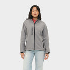 Model wearing a branded women's waterproof zip-through jacket