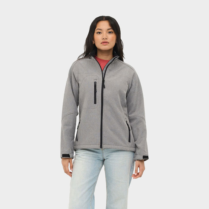 Model wearing a branded women's waterproof zip-through jacket