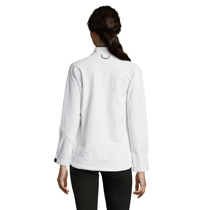 Branded women's waterproof zip-through jacket, back view