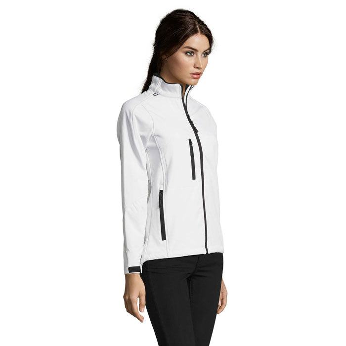 Branded women's waterproof zip-through jacket, side view