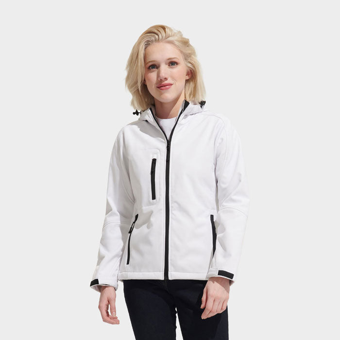 Model wearing a branded women's waterproof softshell jacket