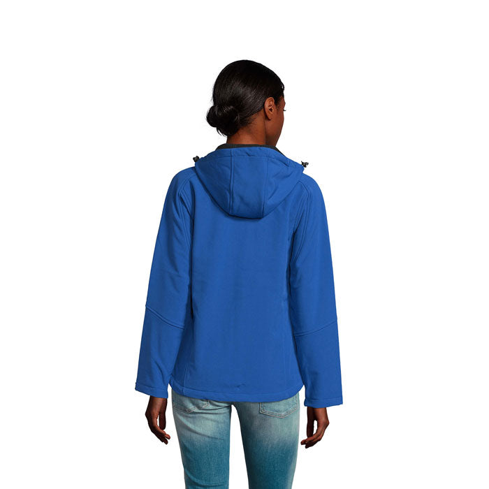 Branded women's waterproof softshell jacket, back view