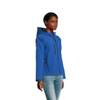 Branded women's waterproof softshell jacket, side view