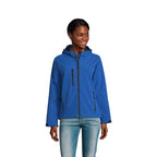 Branded women's waterproof softshell jacket, front view