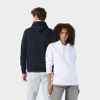 Model wearing a branded fitted pullover hoodie