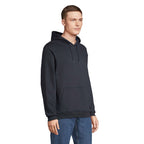 Branded fitted pullover hoodie, side view