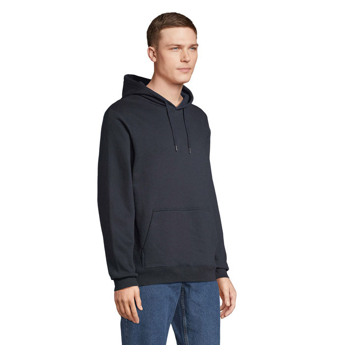 Branded fitted pullover hoodie, side view