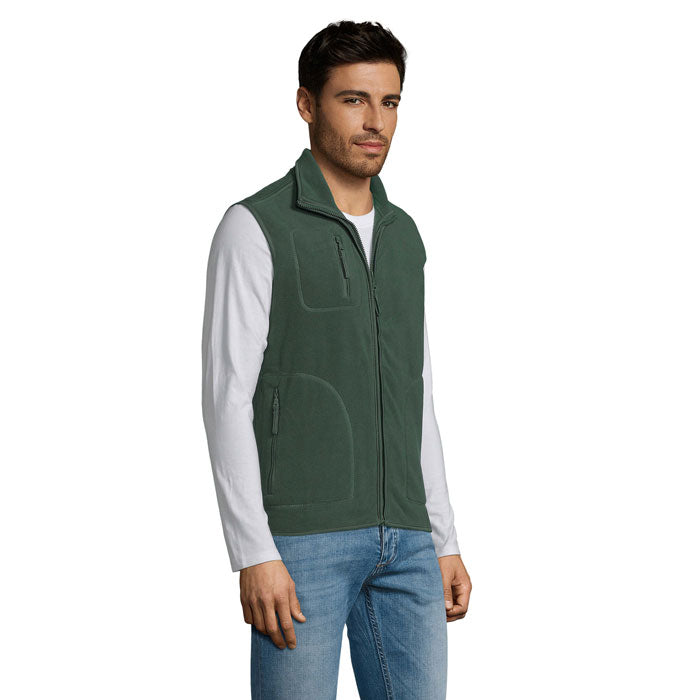 Branded fleece gilet, side view