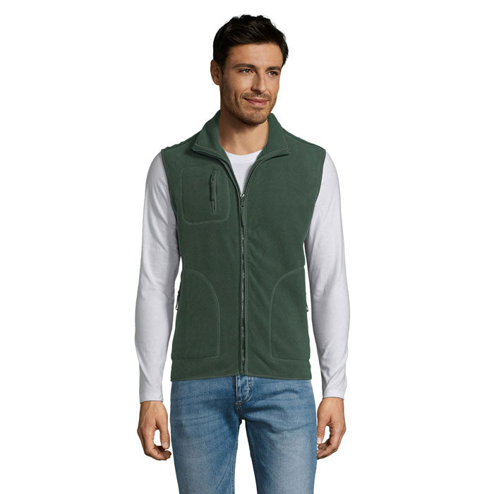Branded fleece gilet, front view