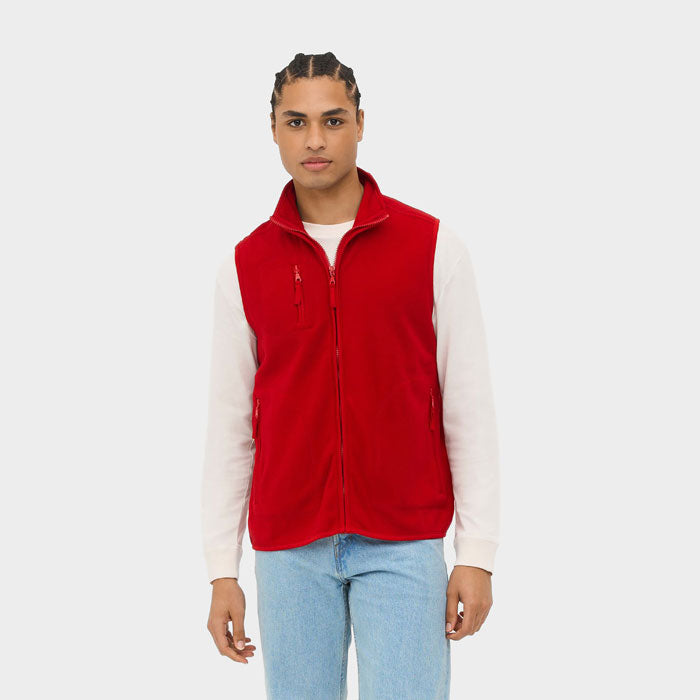 Model wearing a branded fleece gilet