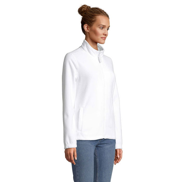 Branded women's zipped fleece jacket, side view