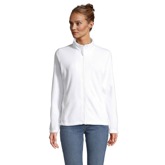 Branded women's zipped fleece jacket, front view
