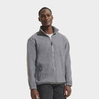 Model wearing a branded men's zipped fleece jacket